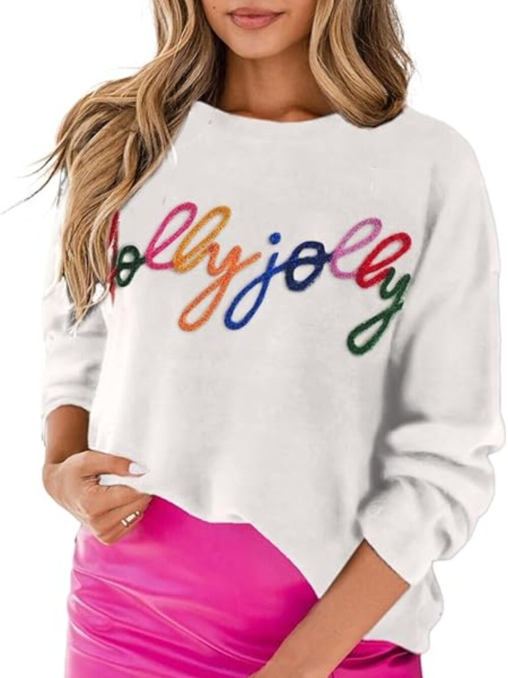 Women's S, M White Holly Jolly Round Neck Casual Sweater Casual Solid Slogan